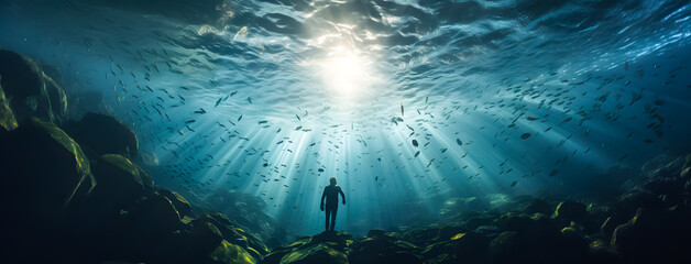 Underwater shot of a woman swimming in the sea. 3d rendering