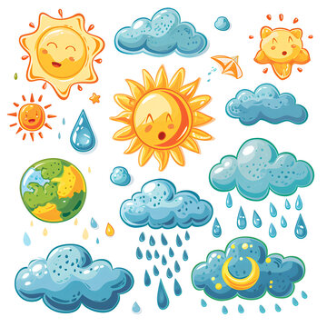 Dynamic weather patterns: sun, clouds, and raindrops isolated on white background, cartoon style, png
