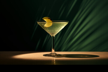 Elegant martini glass with clear liquid and lime garnish, against a dark backdrop. Concept for upscale bars and luxury events. - Powered by Adobe