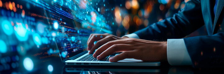 Abstract. Businessman use laptop and synchronize data of business on computer device with global network, Data exchange, Information Transfer, Data science analytics and internet technology