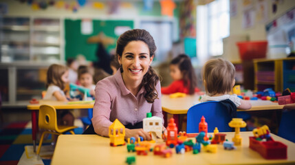 Preschool teacher in colorful classroom creating a nurturing learning environment