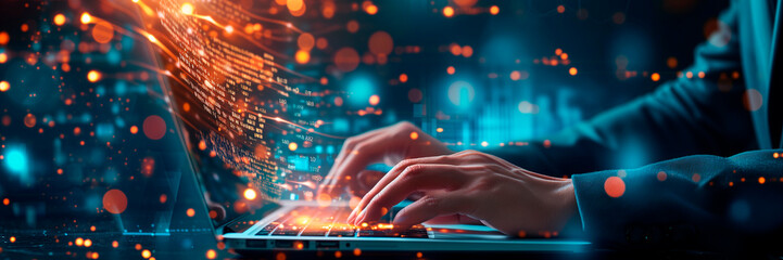 Abstract. Businessman use laptop and synchronize data of business on computer device with global network, Data exchange, Information Transfer, Data science analytics and internet technology