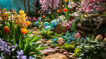 the beauty of spring with a lush garden setting featuring blooming flowers, Easter eggs, and whimsical decorations.