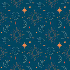 Sun and moon seamless pattern in doodle style