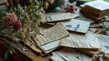 Transport your audience to a nostalgic era with an image of vintage love letters arranged artfully on a desk..
