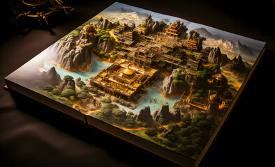 Naklejka na ściany i meble Story book of Mystical landscape with ancient temples and mountain. 3D rendering