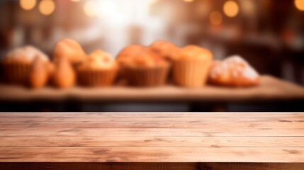 Empty wooden table in front blur bakery background, product display