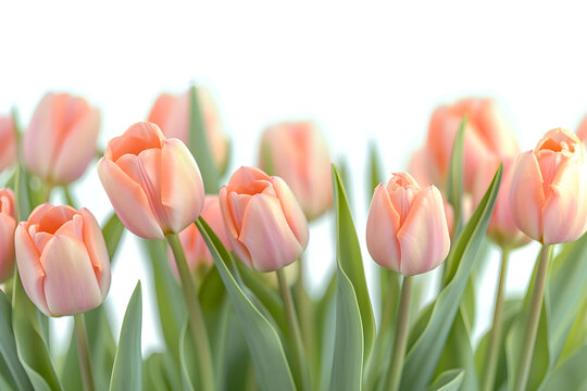 Abstract background of peach tulips on blurred background. Advertising project for Valentine's Day or Mother's Day. Copy space