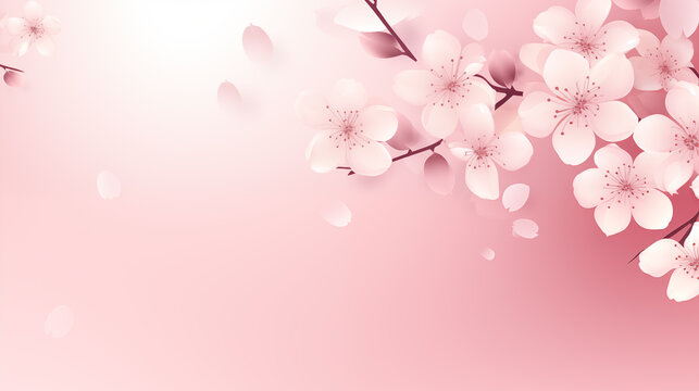 The image features a gradient pink background with cherry blossoms in various stages of bloom and petals gently falling.