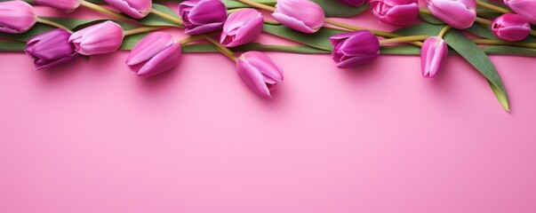 Spring tulip flowers on fuchsia background top view in flat lay style 