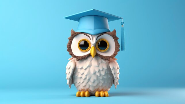 Wise owl with graduation cap isolated un blue background