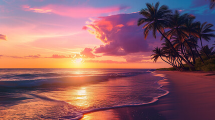 Fototapeta na wymiar Serene Pink Beach Sunset with Tranquil Sea, Palm Trees and Golden Sky