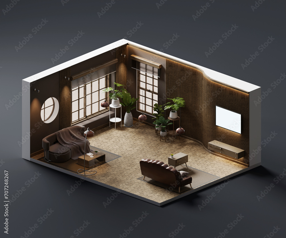 Poster isometric view living room scandinavian style open inside interior architecture 3d rendering digital