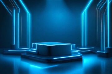 Sky blue background concept featuring a podium with blue neon lights, set against a contrasting black background