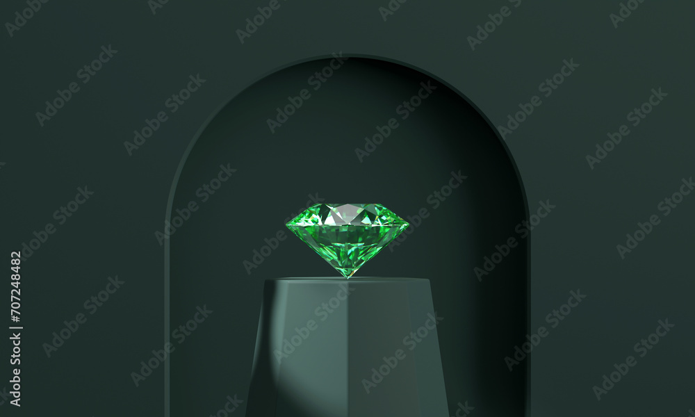 Poster abstract emerald diamond gem placed on pedestal background 3d rendering