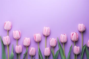 Spring tulip flowers on lavender background top view in flat lay style