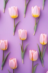 Spring tulip flowers on lavender background top view in flat lay style
