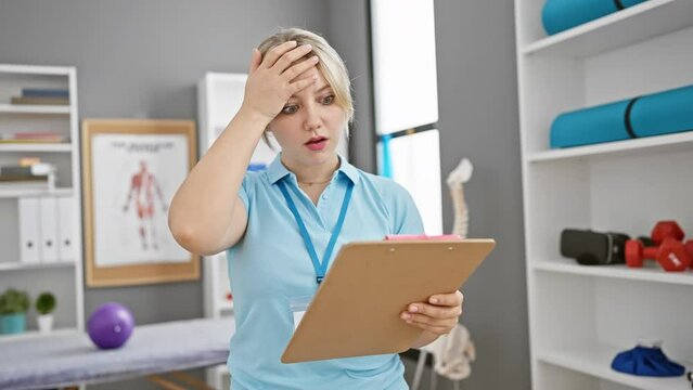 Stressed out young blonde physio therapist in rehab clinic clutching her head in frustration, clipboard in hand, her face a picture of surprise and anger