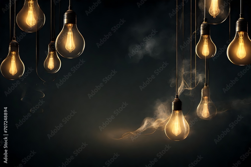Poster dark background adorned with glowing light bulbs and subtle smoke effects, creating a mysterious and