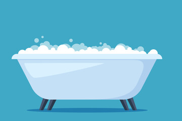 White bathtub in bathroom. Vintage bath and soap foam bubbles. Vector illustration.