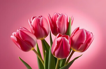 Bouquet of pink tulips on pink background. Mothers day, Valentines Day, Birthday celebration concept. Greeting card.