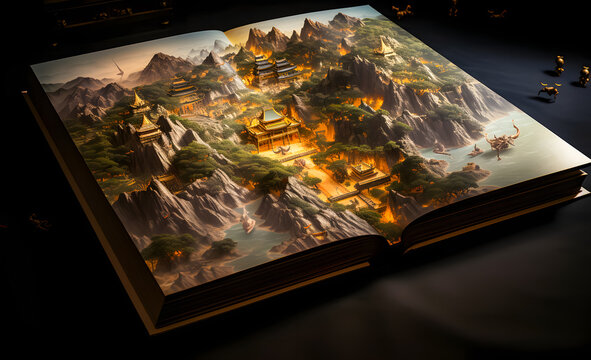 Story book of Mystical landscape with ancient temples and mountain. 3D rendering