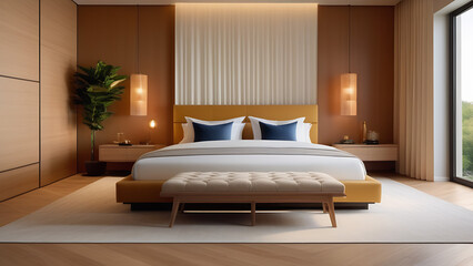 Light modern beige interior with big bed  of bedroom