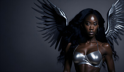 Sensual black female angel with spread wings. Attractive cupid woman