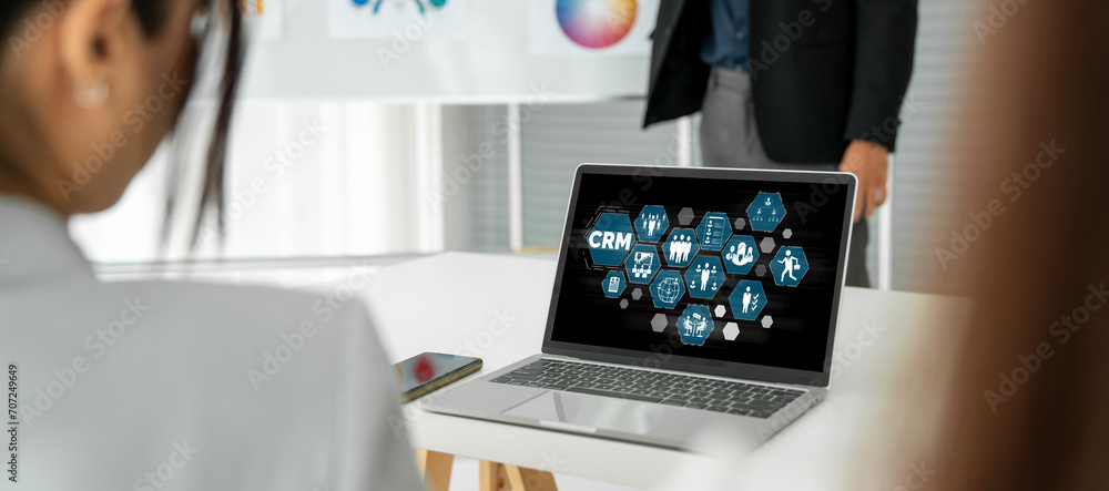Poster customer relationship management system on modish computer for crm business and enterprise