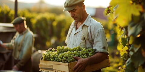 Wine Grape Harvest: Workers Collecting Grapes in Vineyard at Sunset