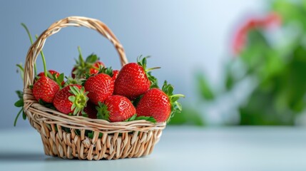 Fototapeta na wymiar Basket with fresh ripe red strawberries on the table with copy space