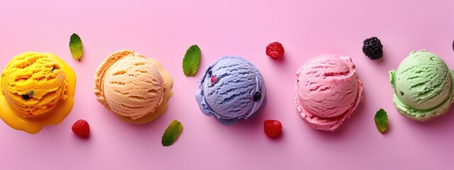 Vibrant Collection of Ice Cream Scoops with Fresh Berries and Mint