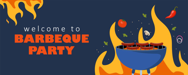 Barbeque party invitation card or poster template with grill food flyer. Vector illustration.