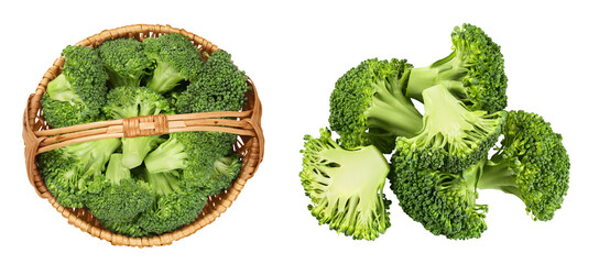 fresh broccoli in wicker basket isolated on white background close-up with full depth of field. Top view. Flat lay