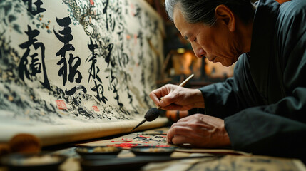 Fototapeta na wymiar A master calligrapher creating elegant Chinese New Year greetings with bold strokes and rich ink on a large scroll.