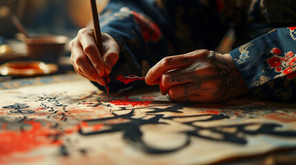 A master calligrapher creating elegant Chinese New Year greetings with bold strokes and rich ink on a large scroll.