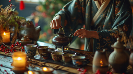 A traditional tea ceremony showcasing the artistry of pouring and enjoying tea, surrounded by festive decorations.