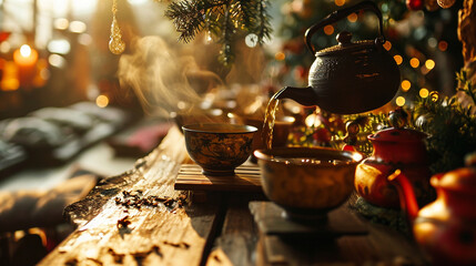A traditional tea ceremony showcasing the artistry of pouring and enjoying tea, surrounded by festive decorations.