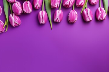 Obraz na płótnie Canvas Spring tulip flowers on purple background top view in flat lay style 
