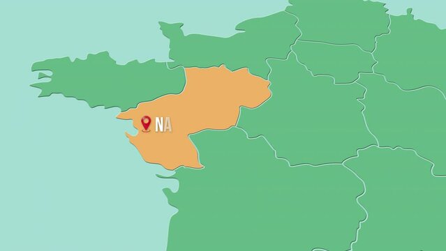 Mapa de Francia con divisi&oacute;n pol&iacute;tica resaltando la ciudad de NANTES