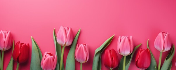 Spring tulip flowers on ruby background top view in flat lay style 