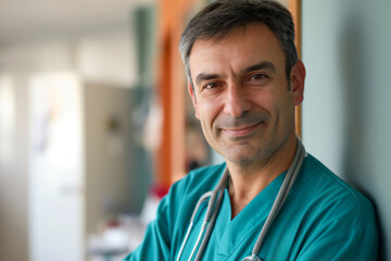 Close up portrait of male doctor in hospital. Smiling caucasian doctor