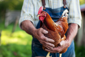 Homem segurando uma galinha com as mãos na fazenda  - obrazy, fototapety, plakaty