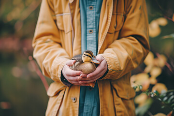 Pessoa segurando um filhote de pato com as mãos