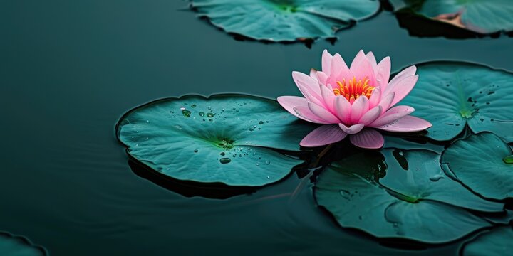 Vibrant Pink Water Lily on a Tranquil Pond with Raindrops