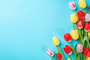 Spring tulip flowers on sky blue background top view in flat lay style 