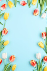 Spring tulip flowers on sky blue background top view in flat lay style 