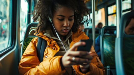 Fototapeta na wymiar Urban Commuter Focused on Smartphone During Transit