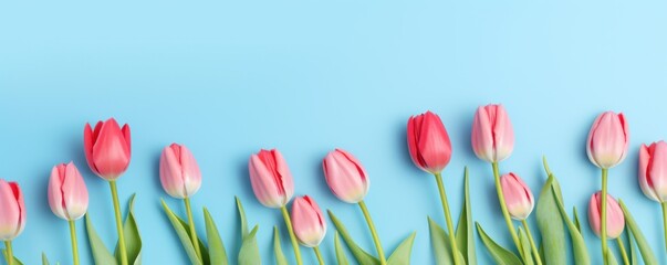 Spring tulip flowers on sky blue background top view in flat lay style 