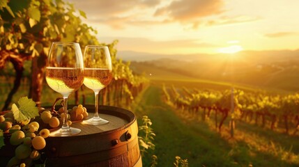 Two Glasses of White Wine on a Barrel in a Vineyard at Sunset - obrazy, fototapety, plakaty